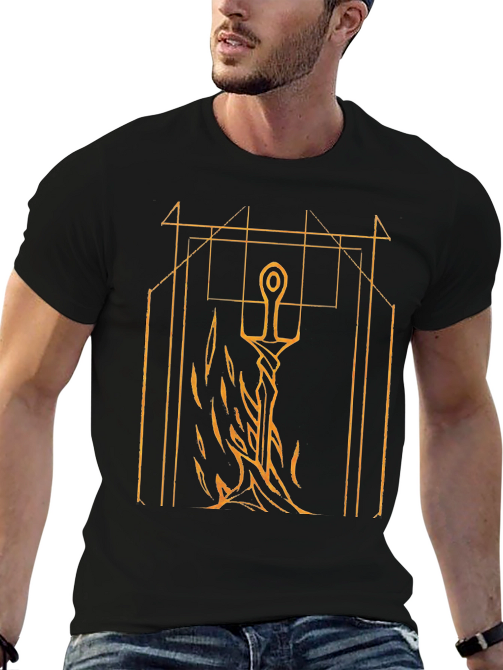 Sword & Geometric Graphic Black T-Shirt