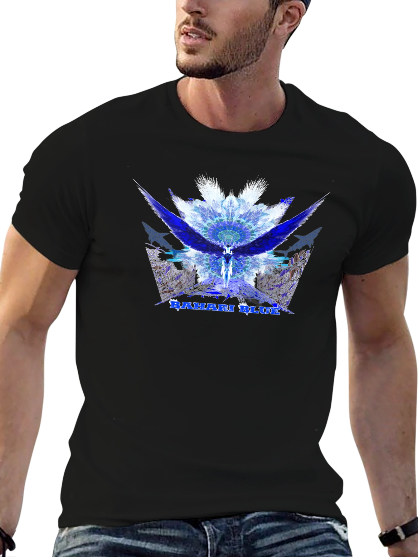 Bahari Blue Graphic Tee - Abstract Wings Design