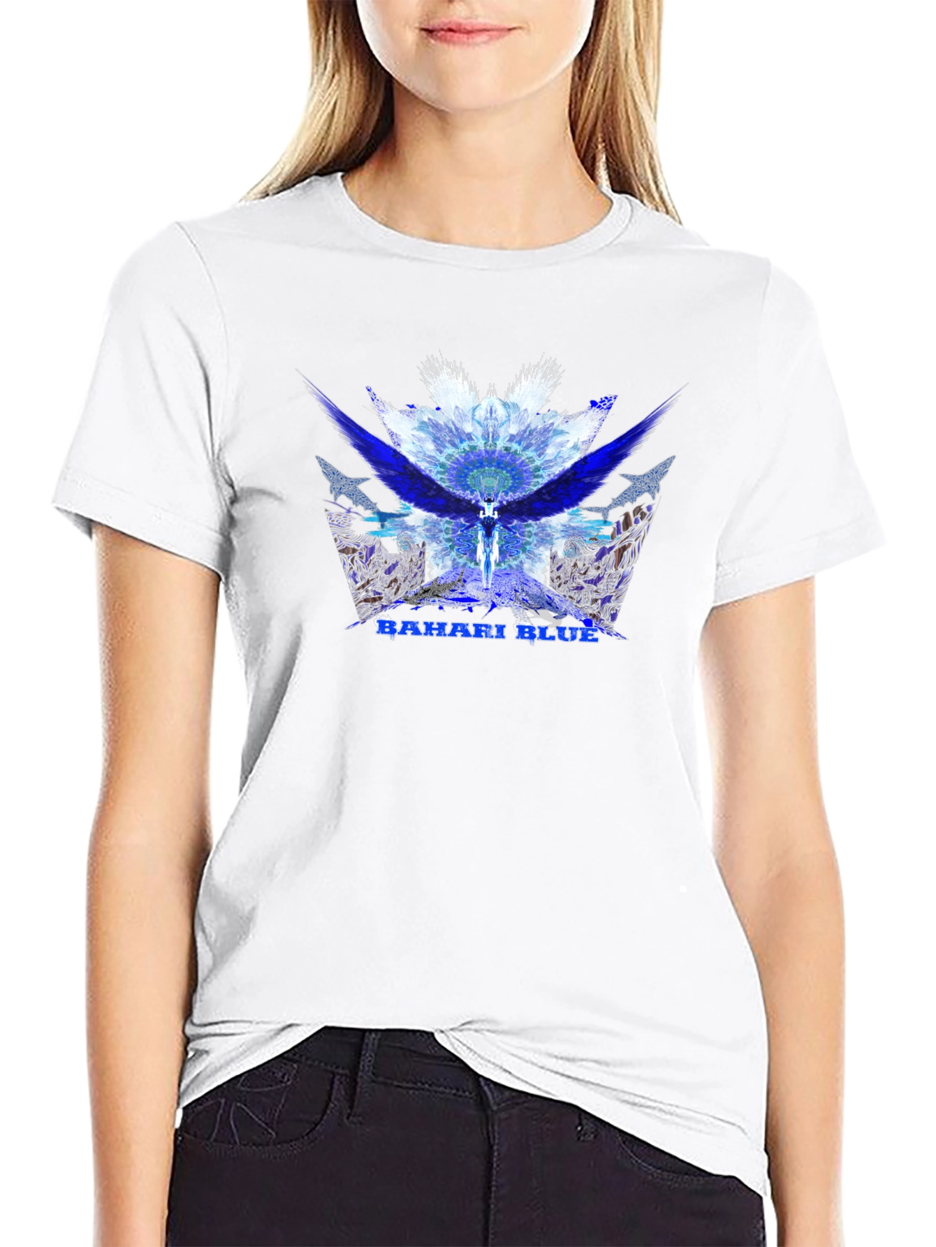 Bahari Blue Graphic Tee - Abstract Wings Design