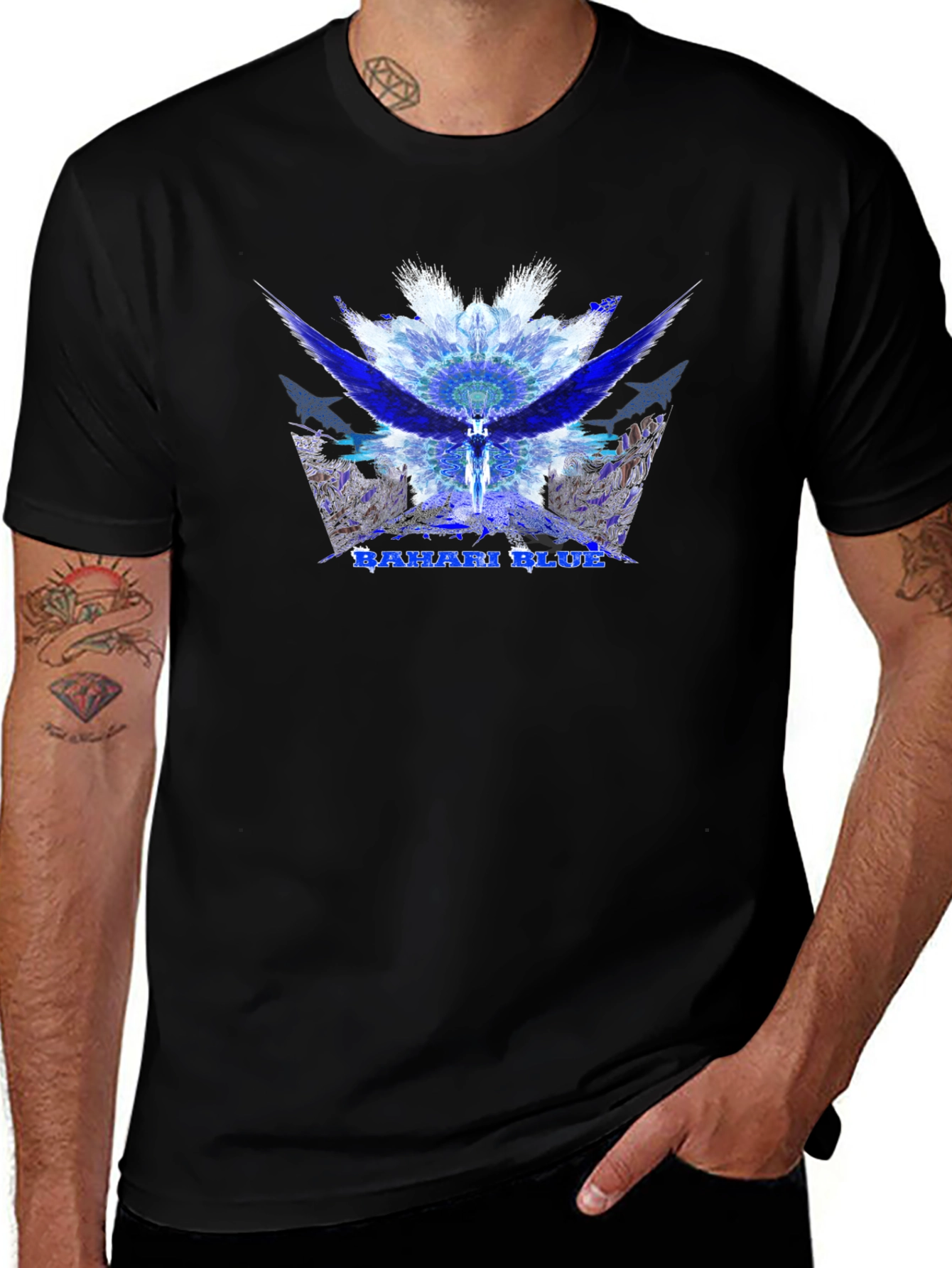 Bahari Blue Graphic Tee - Abstract Wings Design