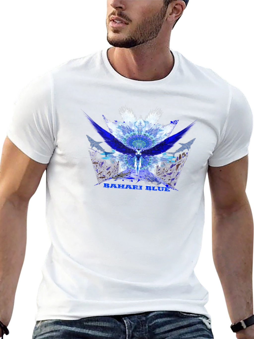 Bahari Blue Graphic Tee - Abstract Wings Design
