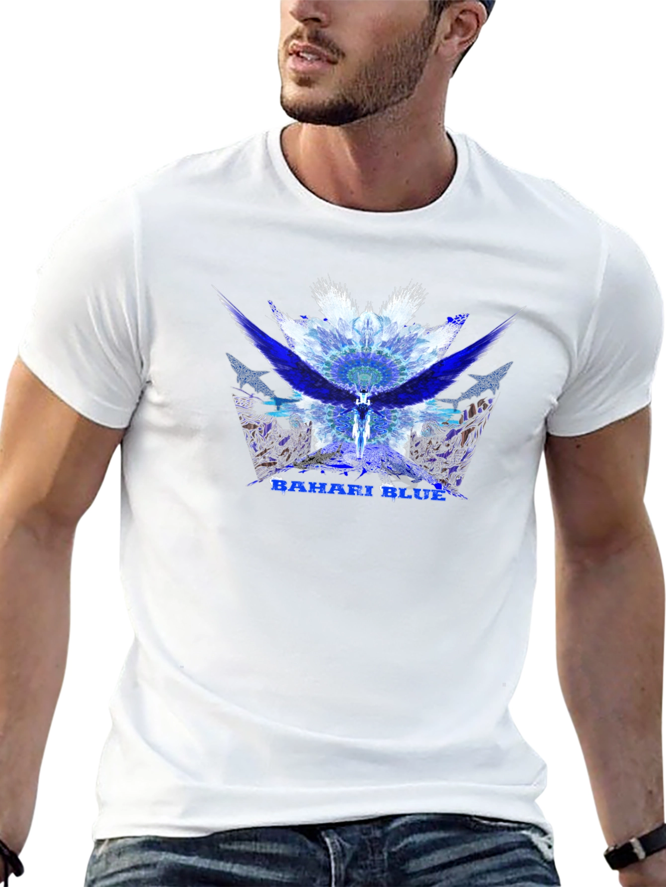 Bahari Blue Graphic Tee - Abstract Wings Design