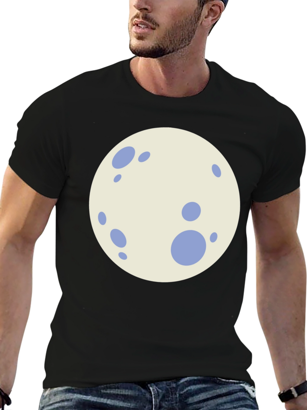 Black T-Shirt with Cartoon Moon Graphic