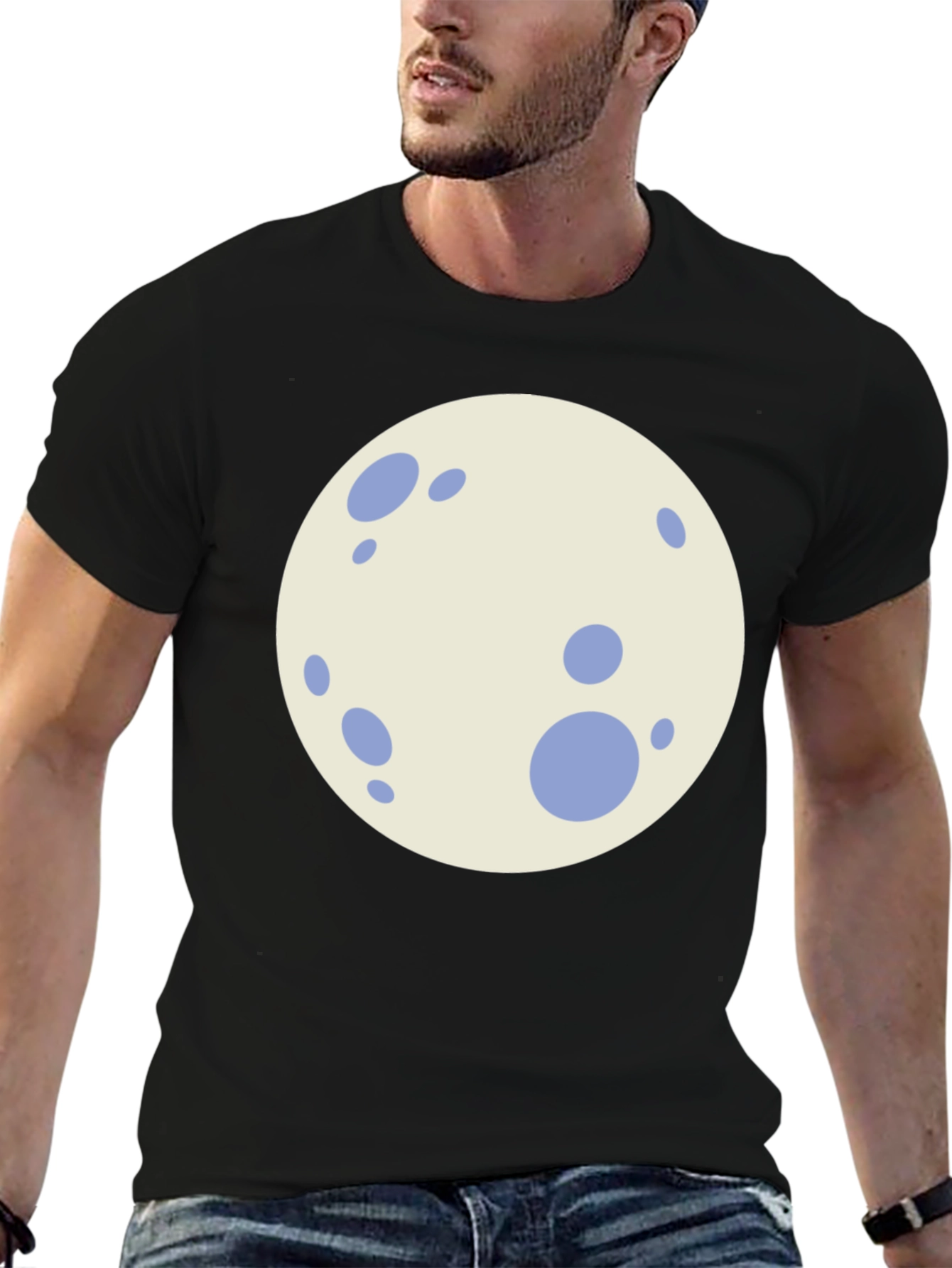 Black T-Shirt with Cartoon Moon Graphic