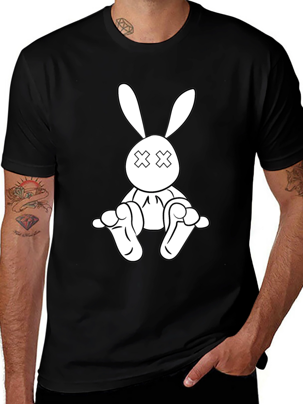 Black T-Shirt with Cartoon Rabbit Graphic
