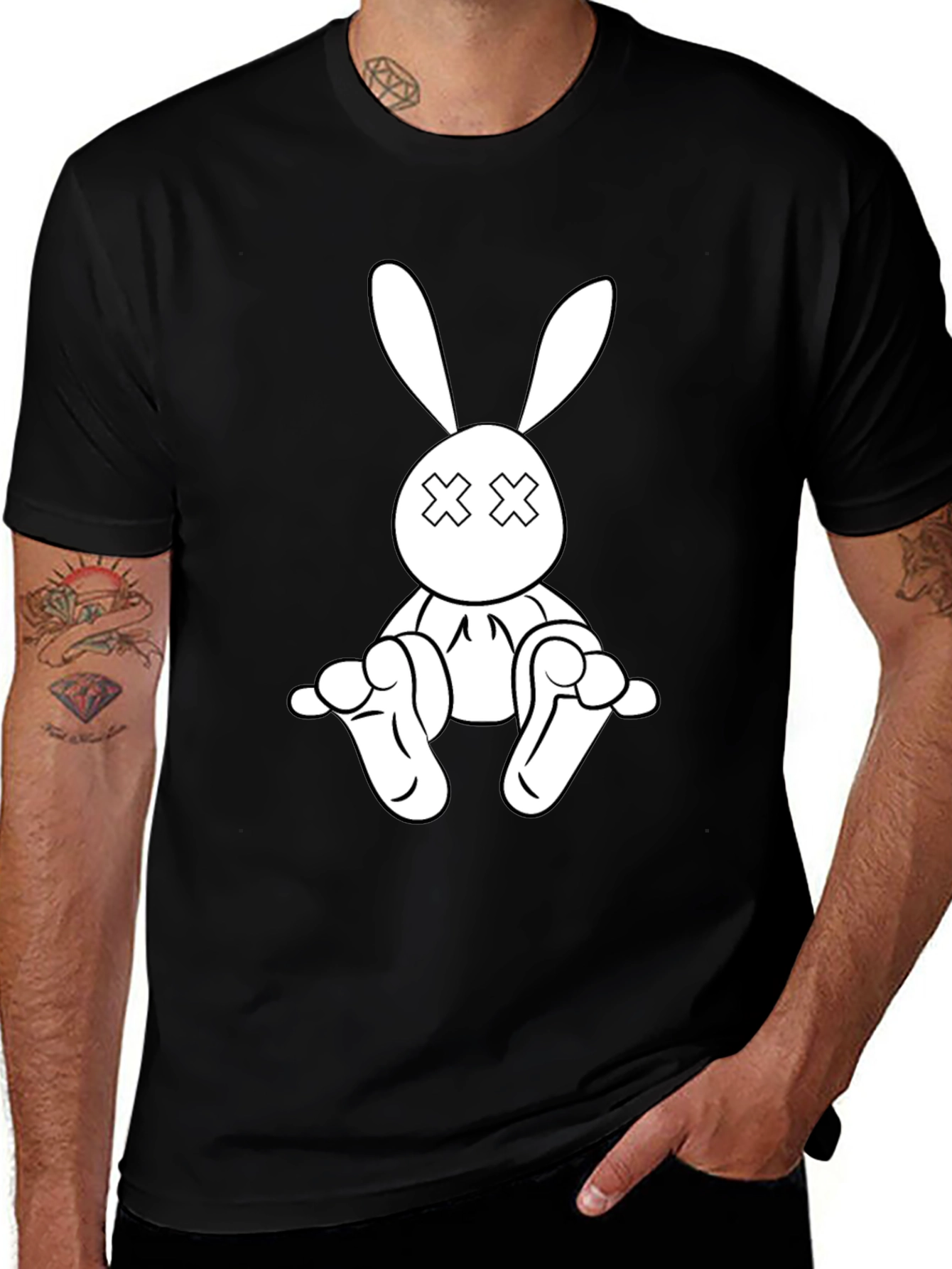 Black T-Shirt with Cartoon Rabbit Graphic