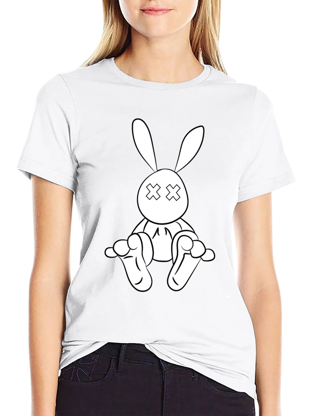 Black T-Shirt with Cartoon Rabbit Graphic