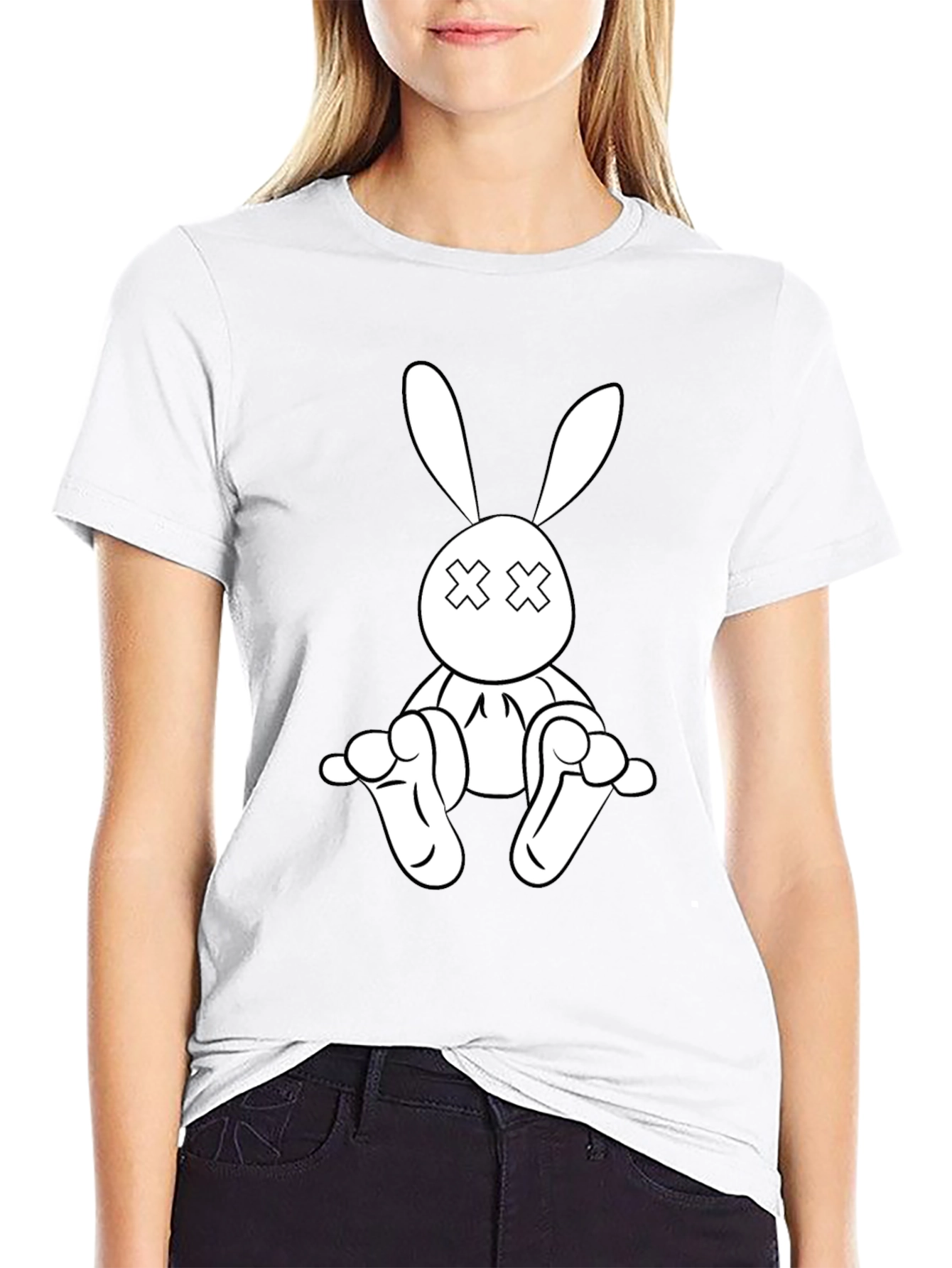 Black T-Shirt with Cartoon Rabbit Graphic