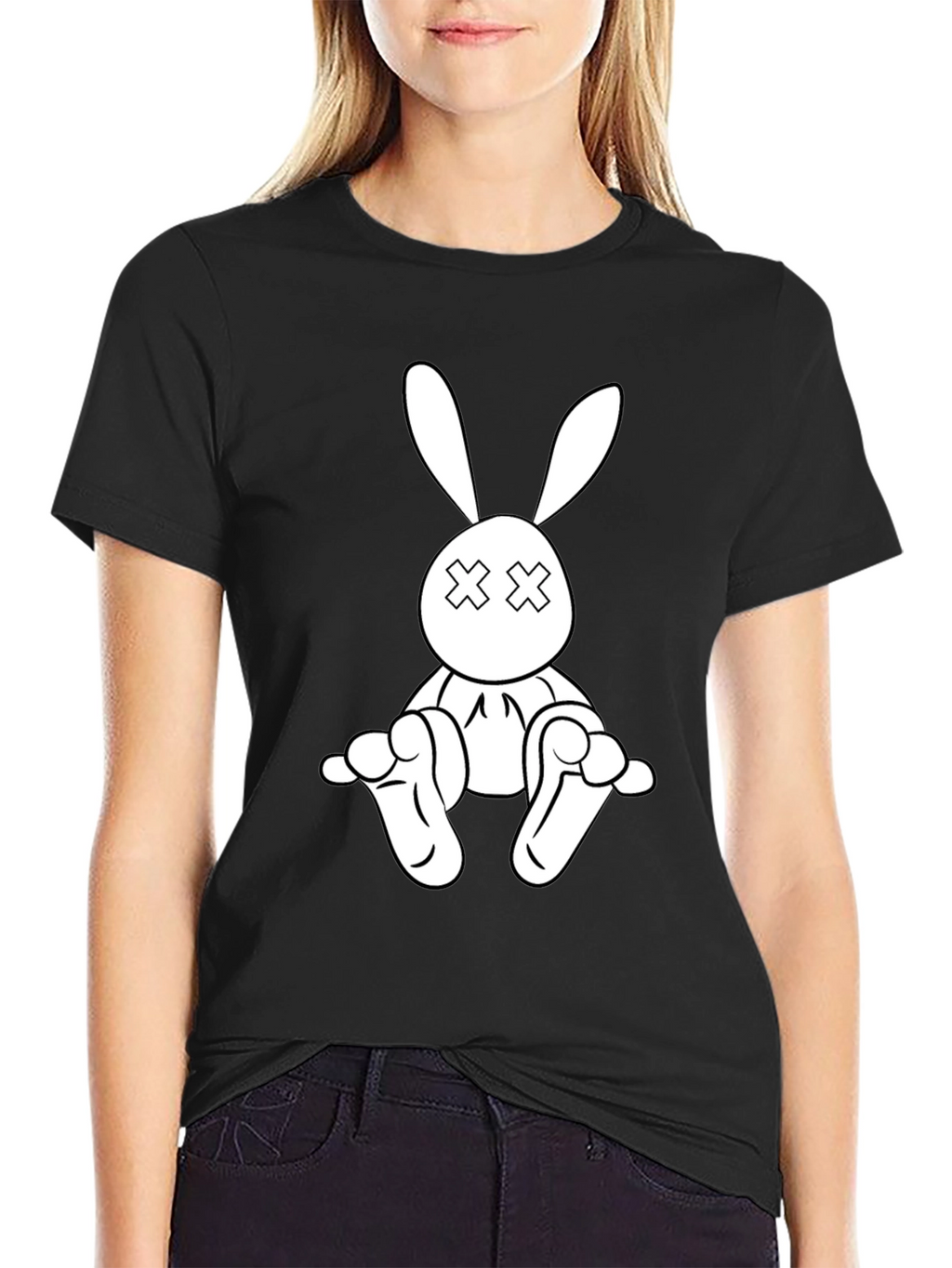 Black T-Shirt with Cartoon Rabbit Graphic