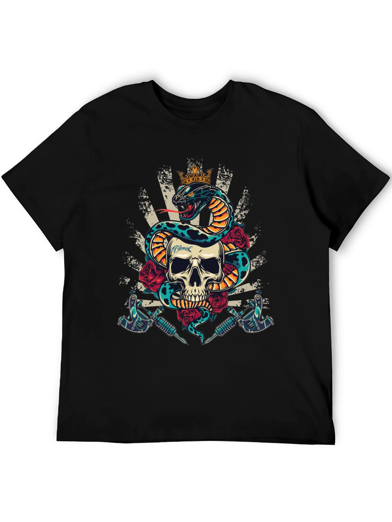 Skull Snake Tattoo Art Graphic Tee - Mens Black T-Shirt