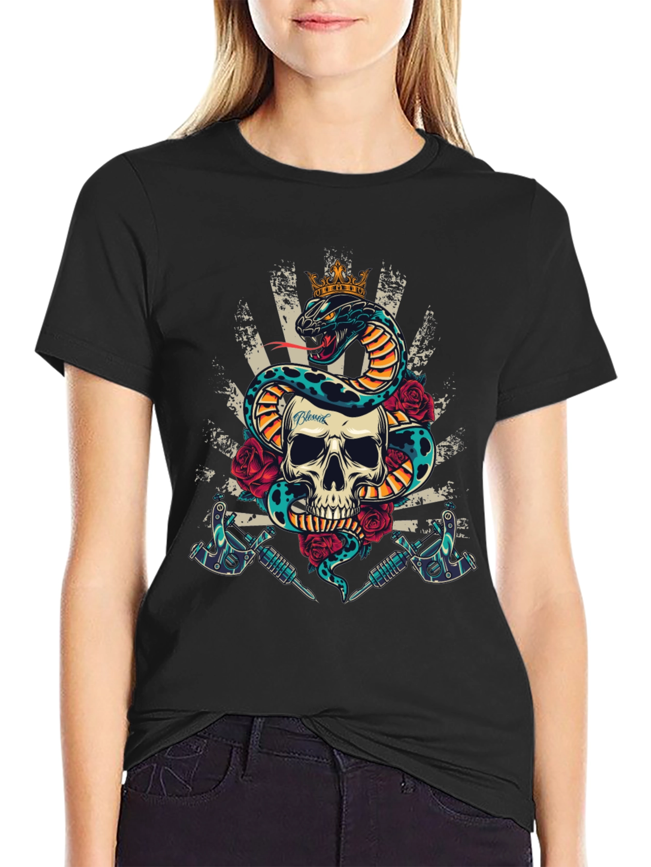 Skull Snake Tattoo Art Graphic Tee - Mens Black T-Shirt
