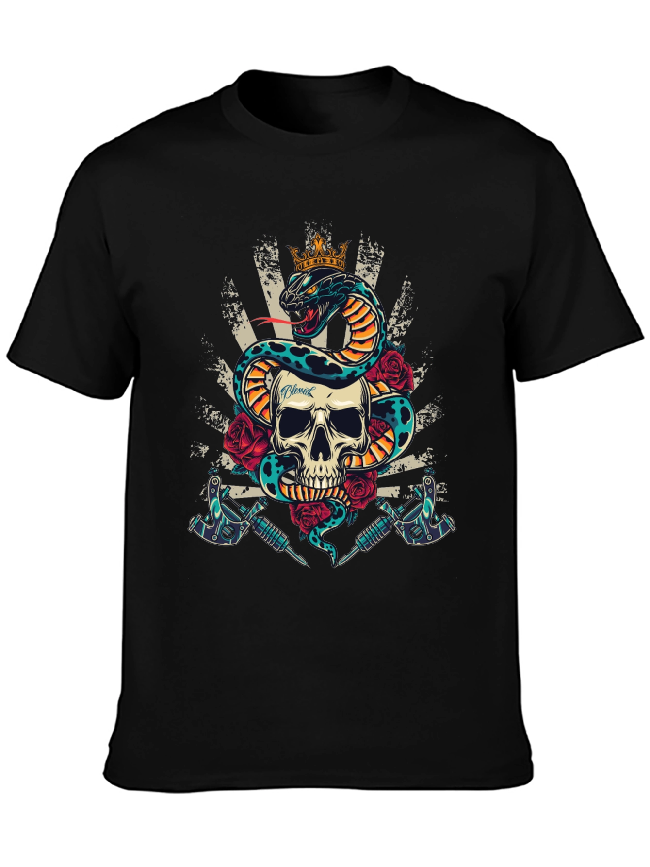 Skull Snake Tattoo Art Graphic Tee - Mens Black T-Shirt