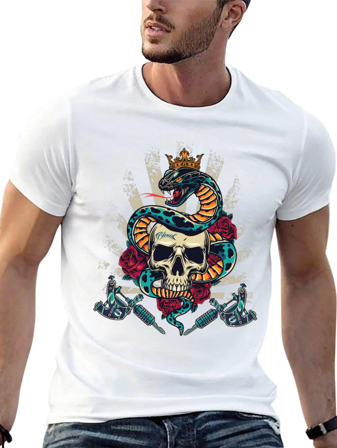 Skull Snake Tattoo Art Graphic Tee - Mens Black T-Shirt