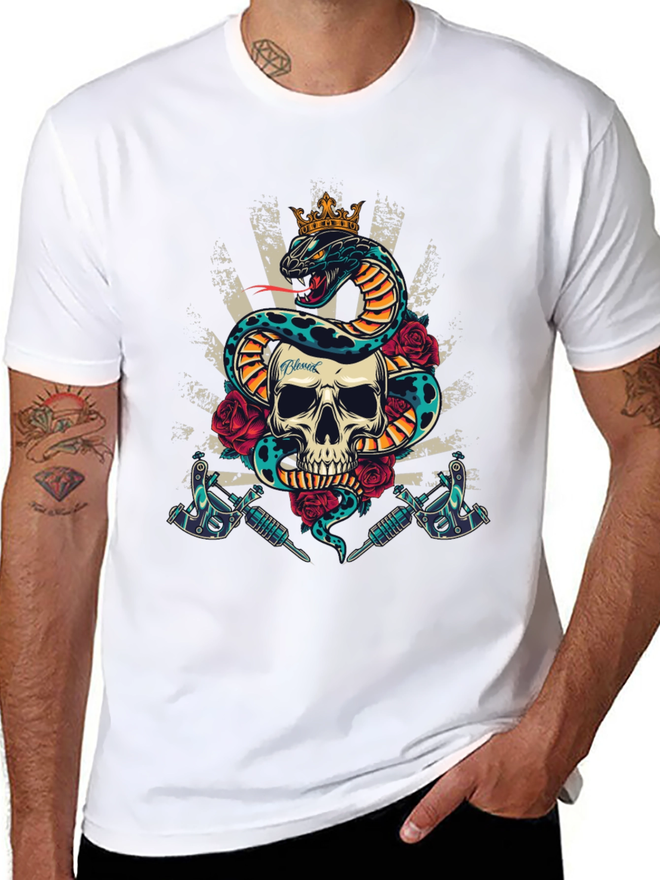 Skull Snake Tattoo Art Graphic Tee - Mens Black T-Shirt