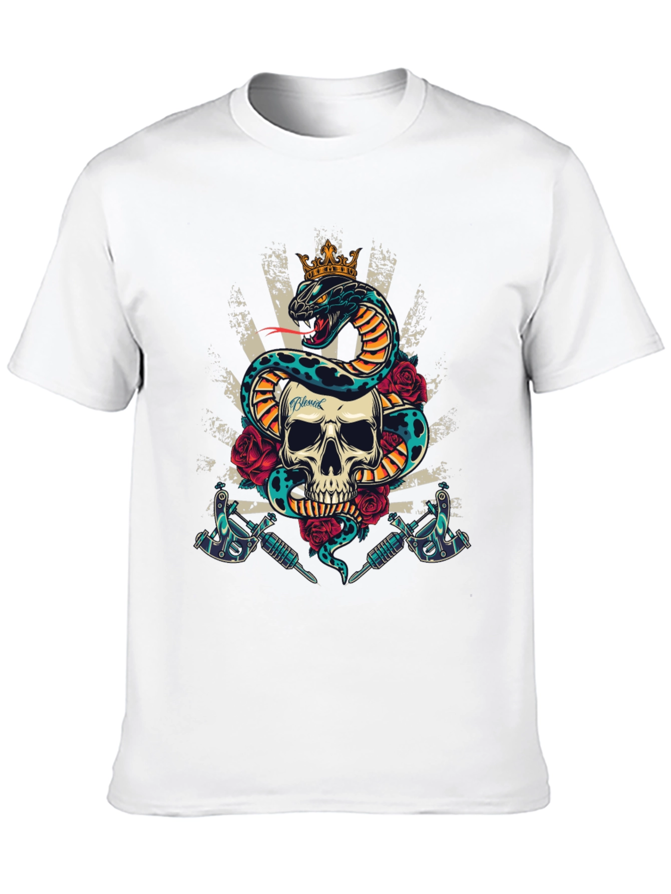 Skull Snake Tattoo Art Graphic Tee - Mens Black T-Shirt