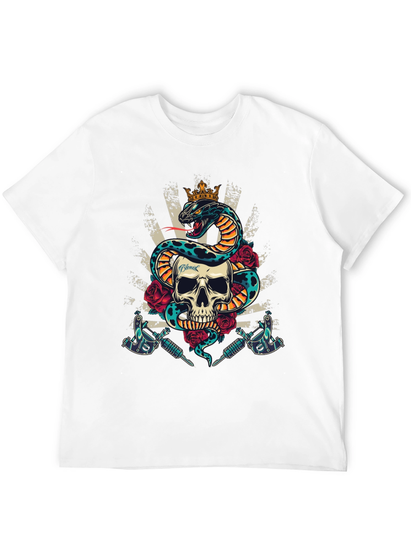 Skull Snake Tattoo Art Graphic Tee - Mens Black T-Shirt