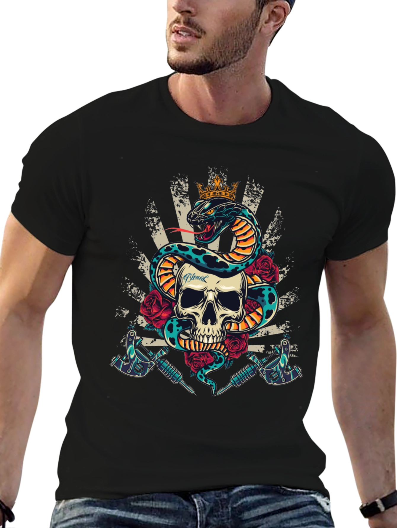 Skull Snake Tattoo Art Graphic Tee - Mens Black T-Shirt