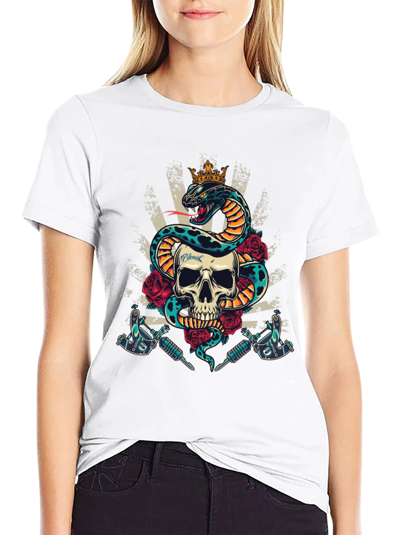 Skull Snake Tattoo Art Graphic Tee - Mens Black T-Shirt
