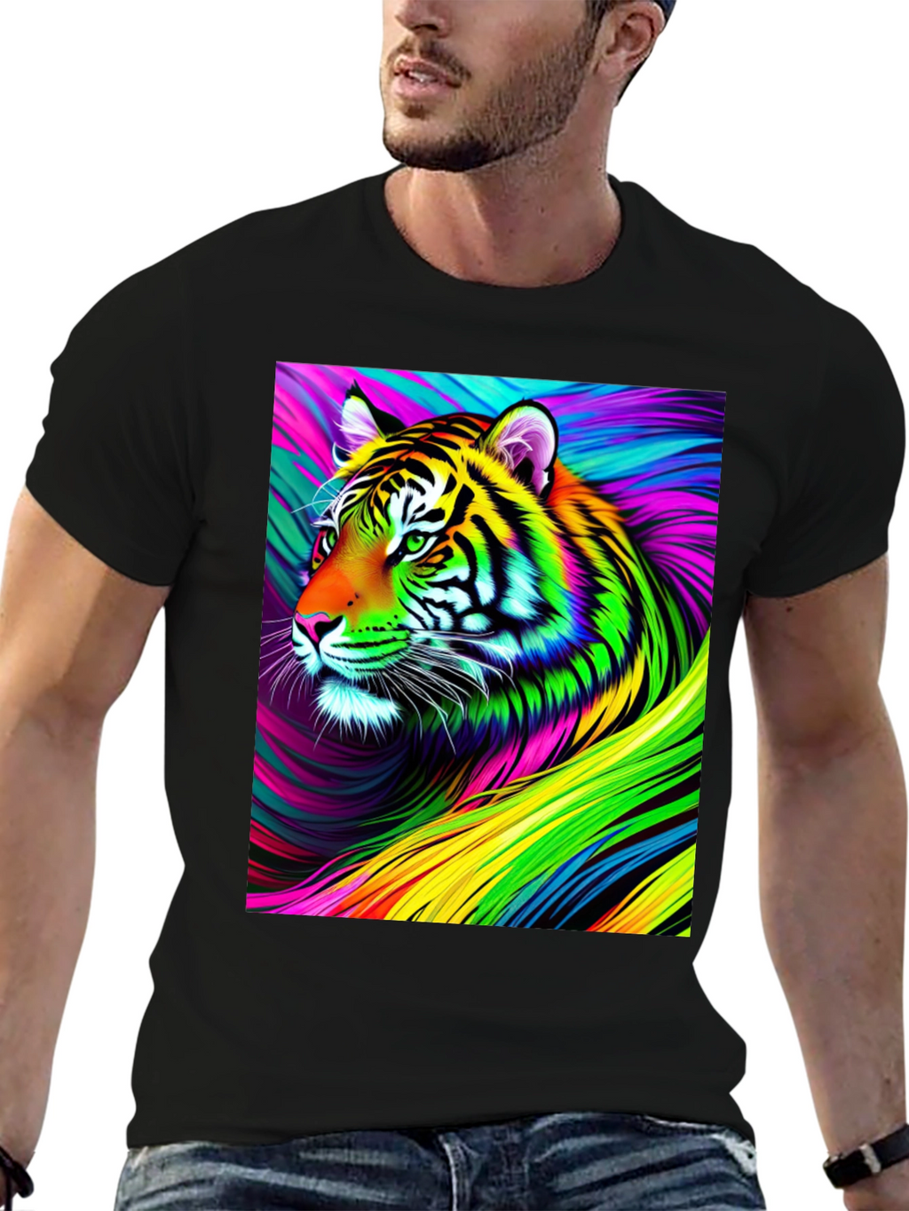 Vibrant Rainbow Tiger Graphic Tee - Mens Black T-Shirt