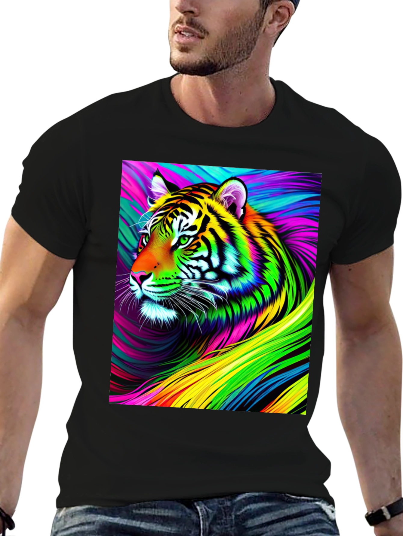 Vibrant Rainbow Tiger Graphic Tee - Mens Black T-Shirt