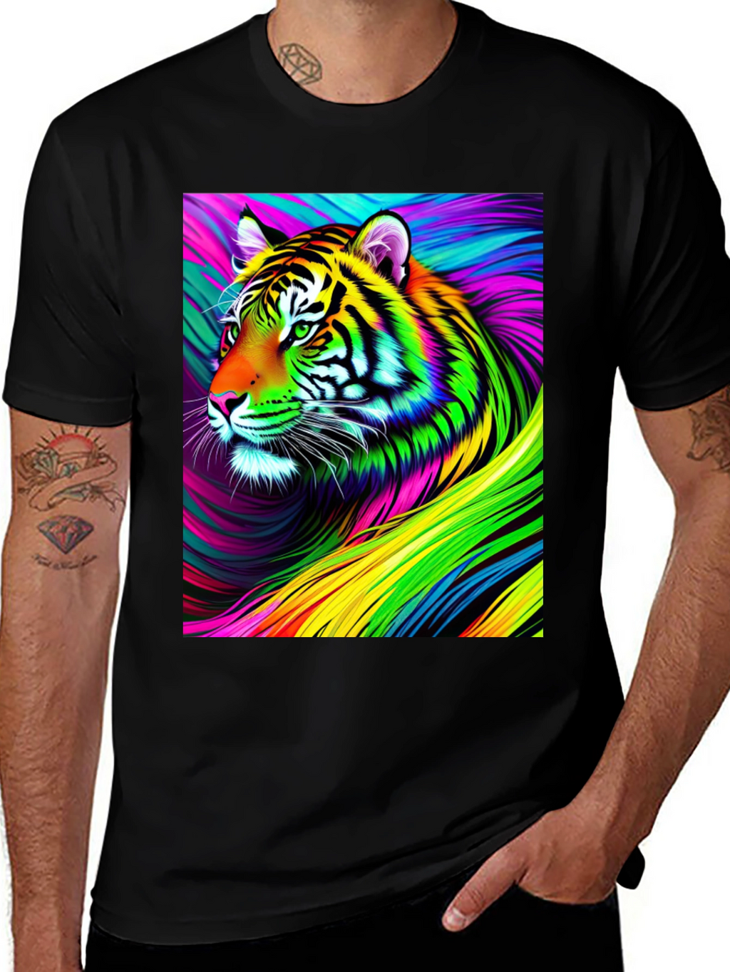 Vibrant Rainbow Tiger Graphic Tee - Mens Black T-Shirt