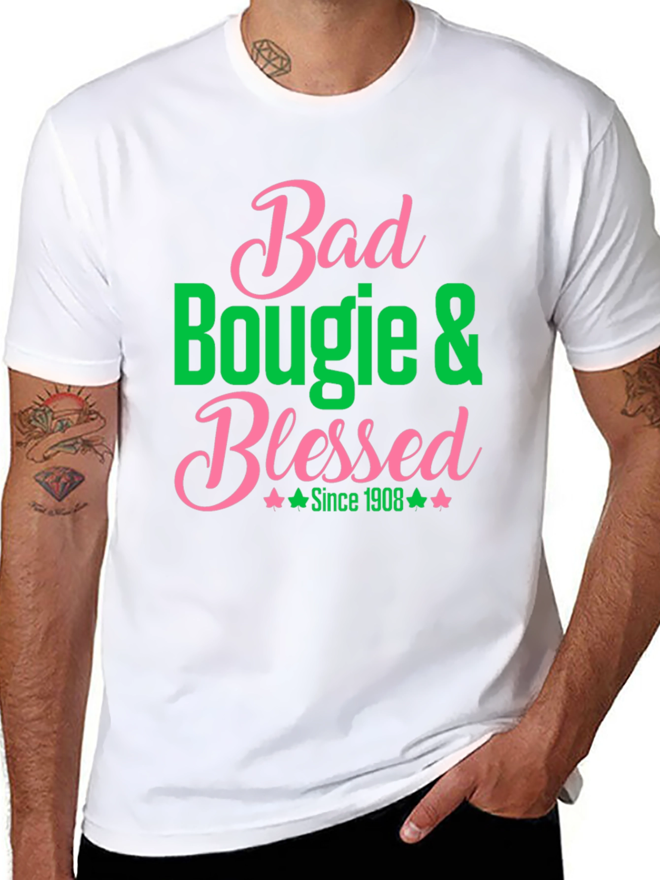 Bad Bougie & Blessed T-Shirt - Pink & Green Graphic Tee