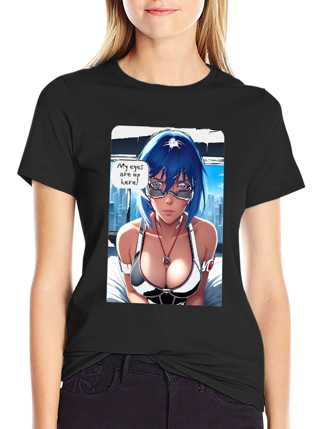 Anime Girl Eyes Up Here Graphic Tee - Black