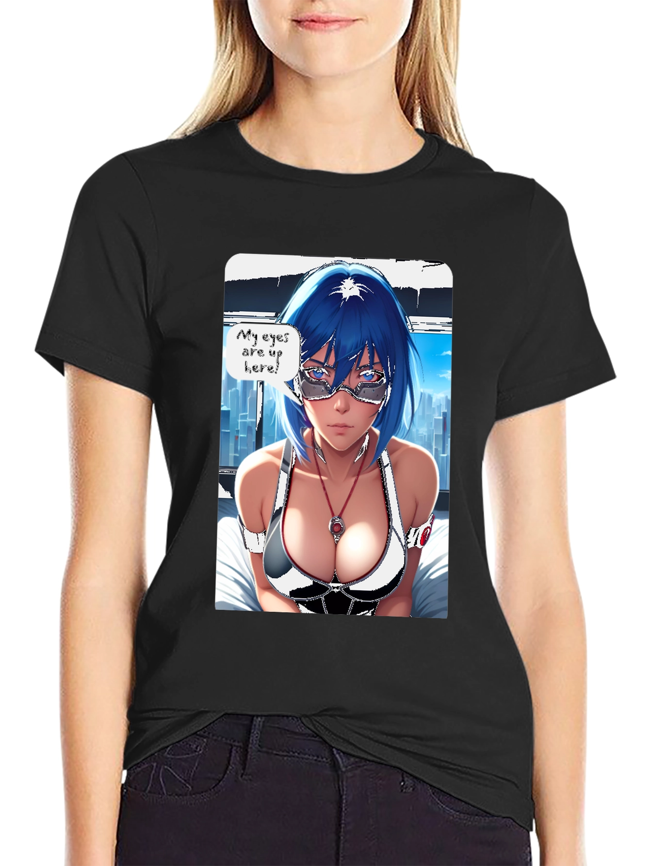 Anime Girl Eyes Up Here Graphic Tee - Black