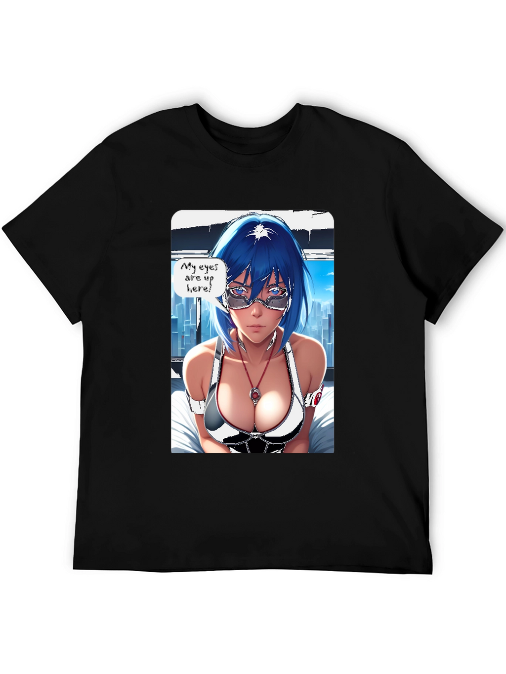 Anime Girl Eyes Up Here Graphic Tee - Black