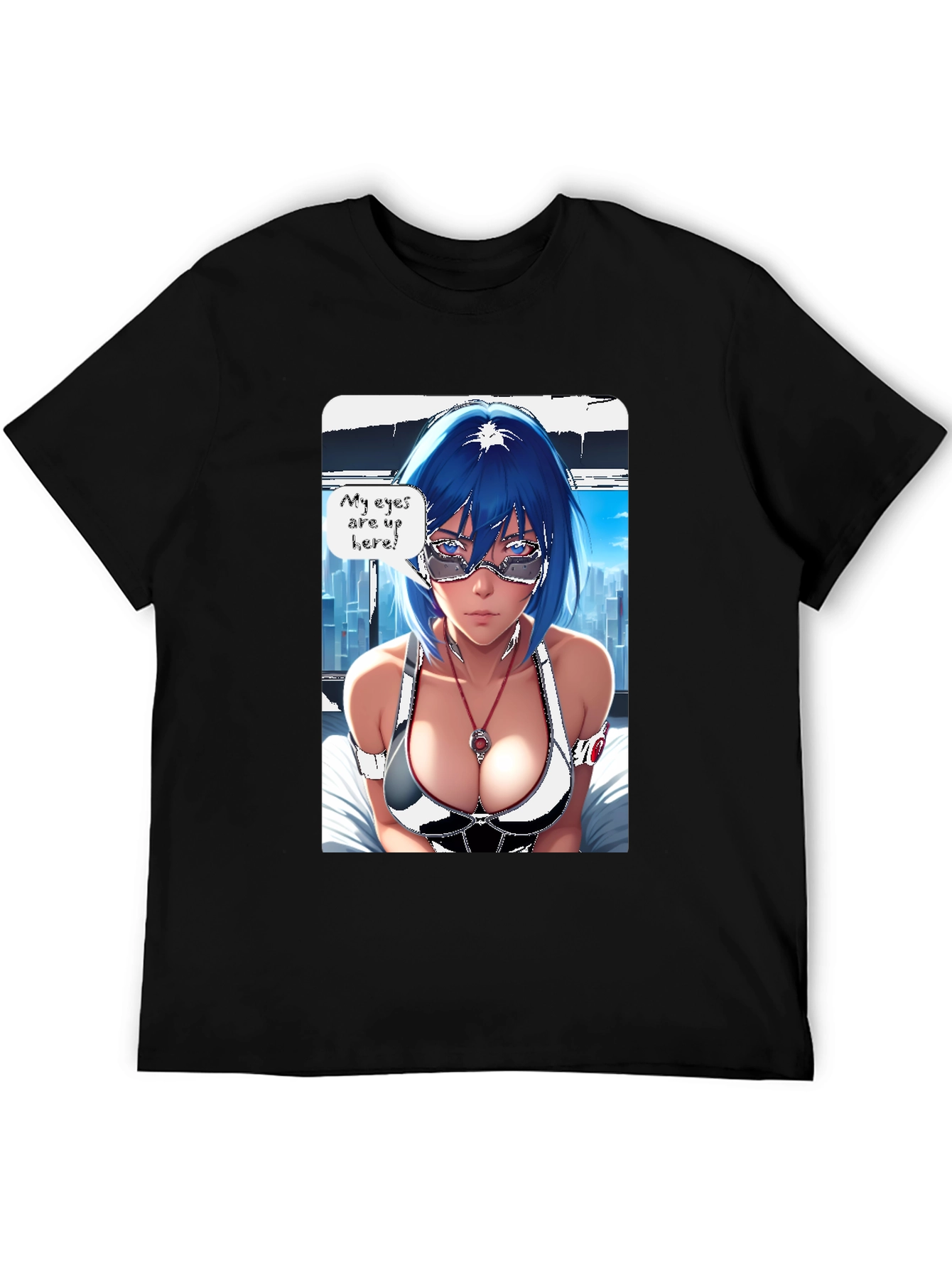 Anime Girl Eyes Up Here Graphic Tee - Black