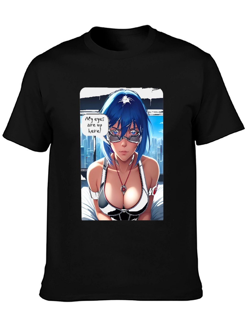 Anime Girl Eyes Up Here Graphic Tee - Black