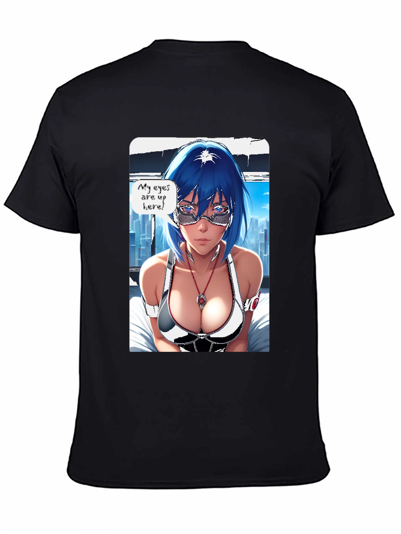 Anime Girl Eyes Up Here Graphic Tee - Black