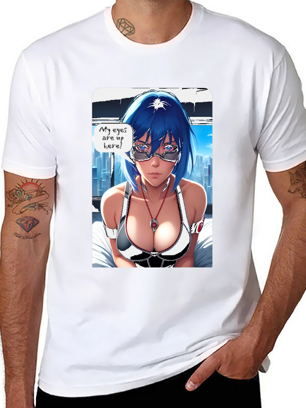 Anime Girl Eyes Up Here Graphic Tee - Black