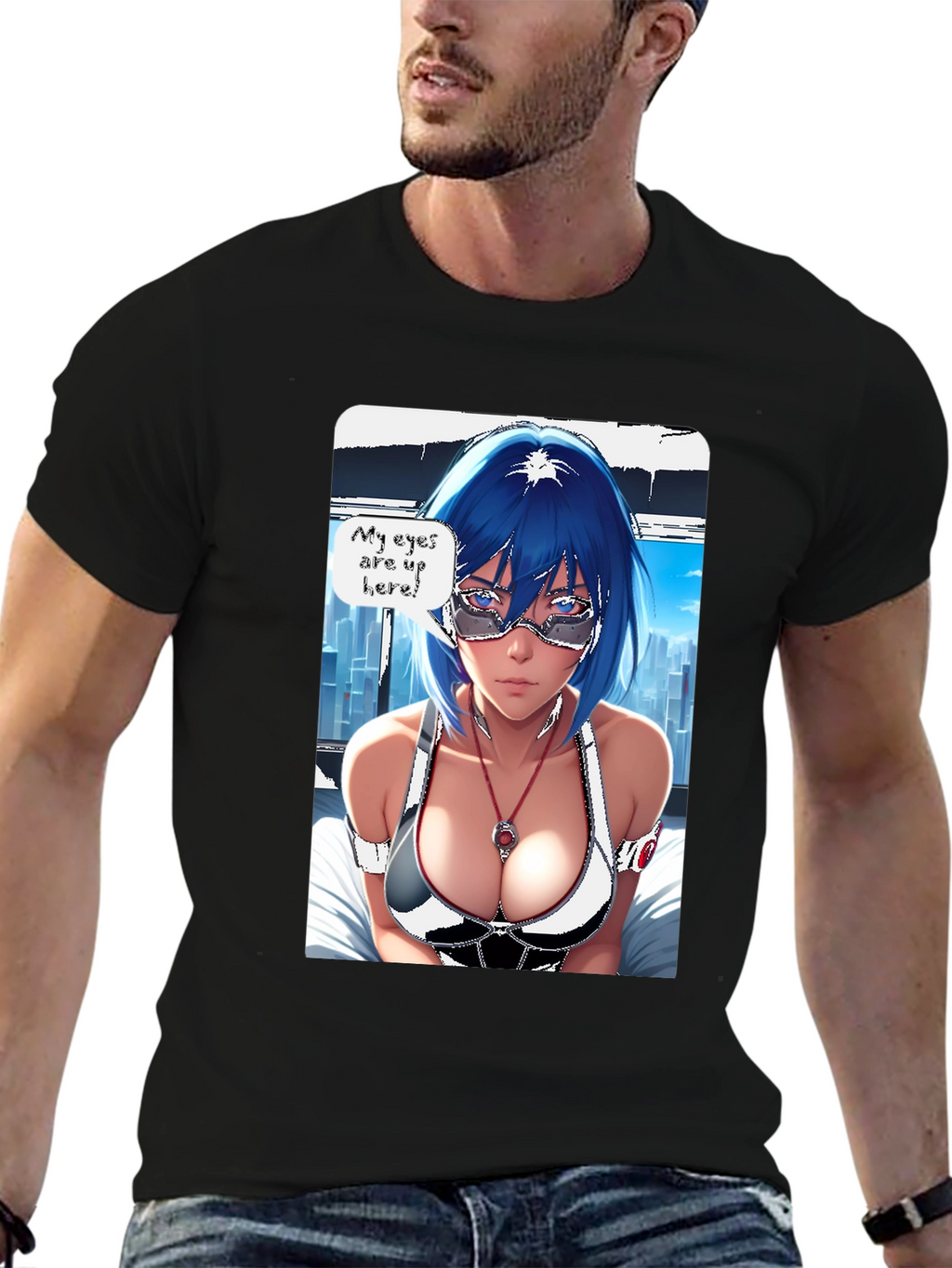 Anime Girl Eyes Up Here Graphic Tee - Black