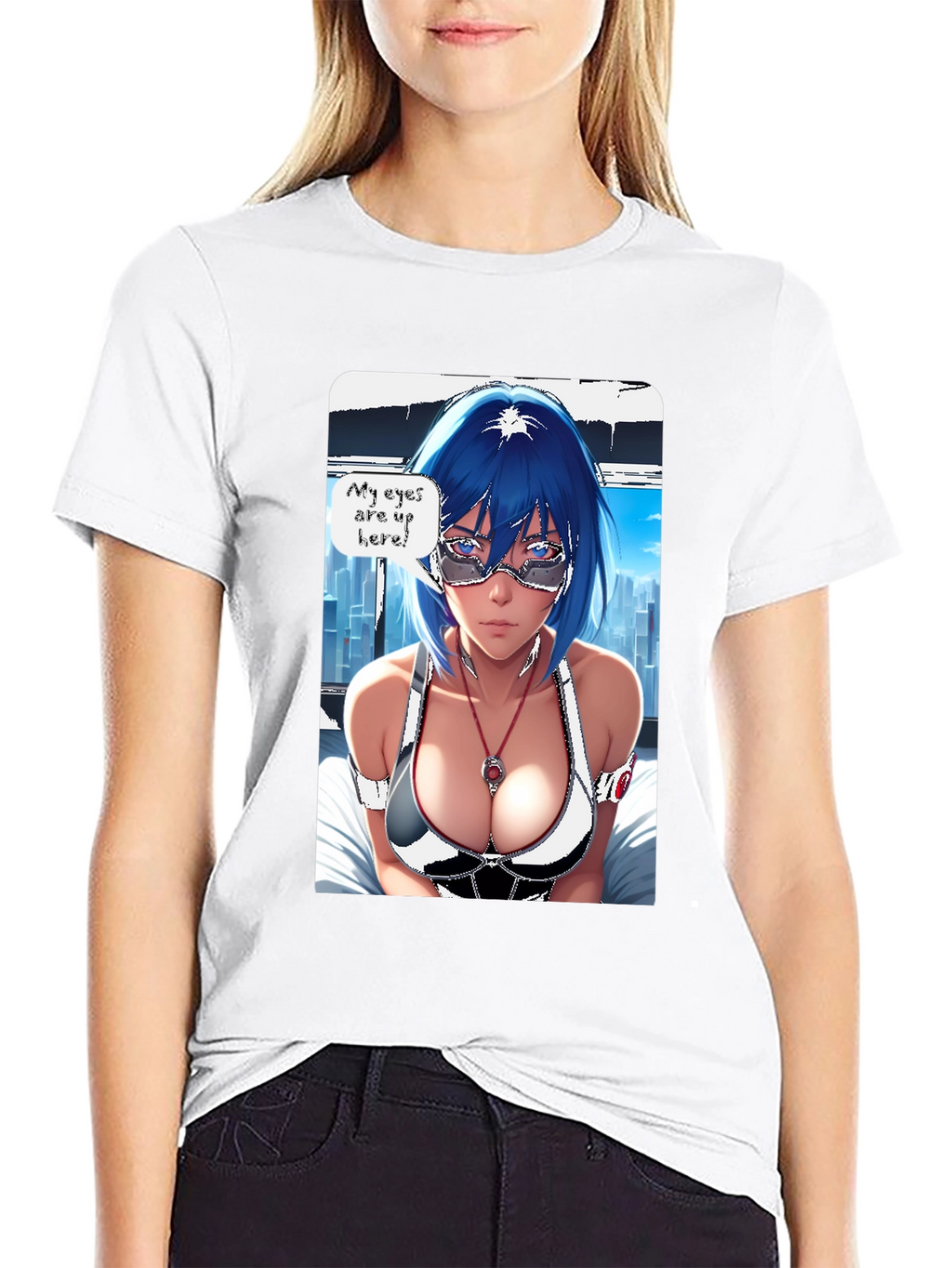 Anime Girl Eyes Up Here Graphic Tee - Black
