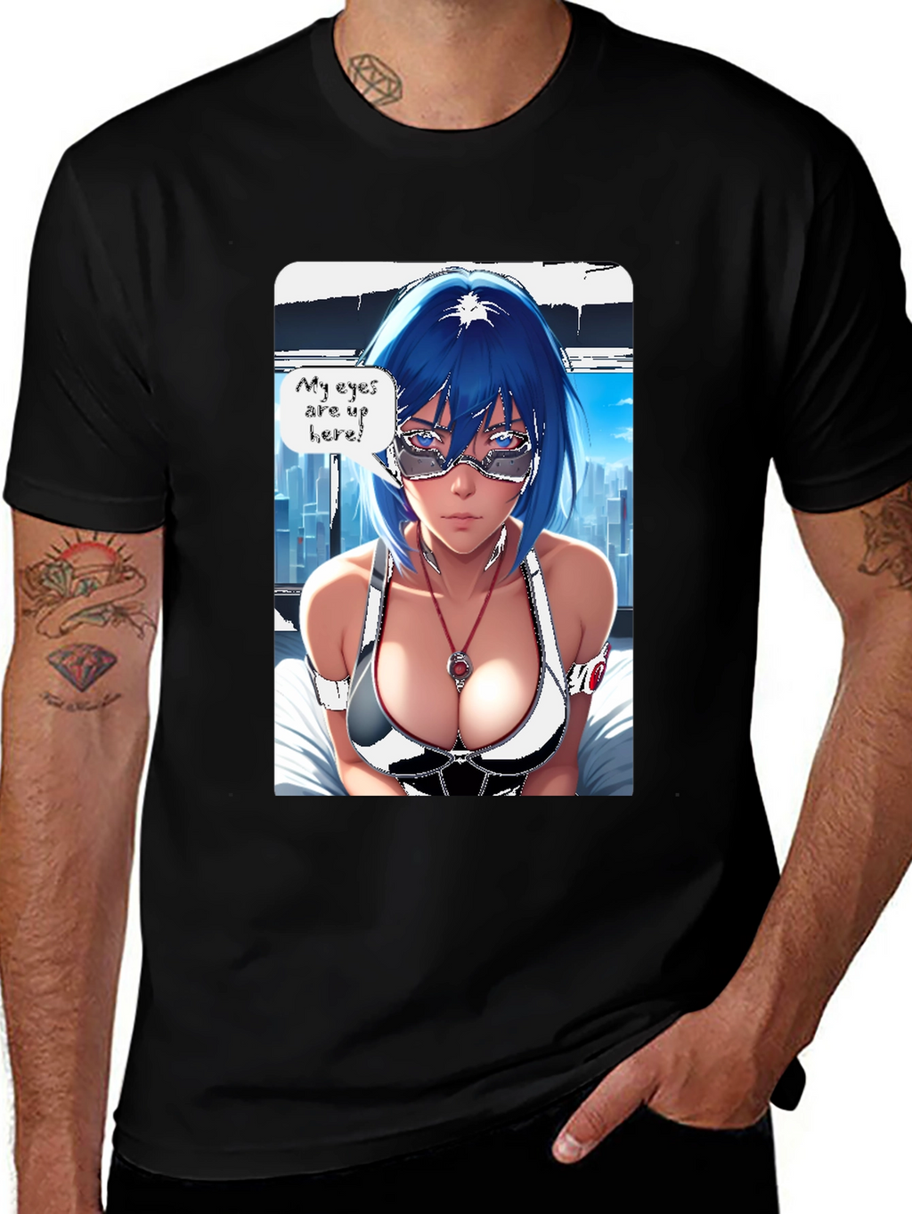 Anime Girl Eyes Up Here Graphic Tee - Black