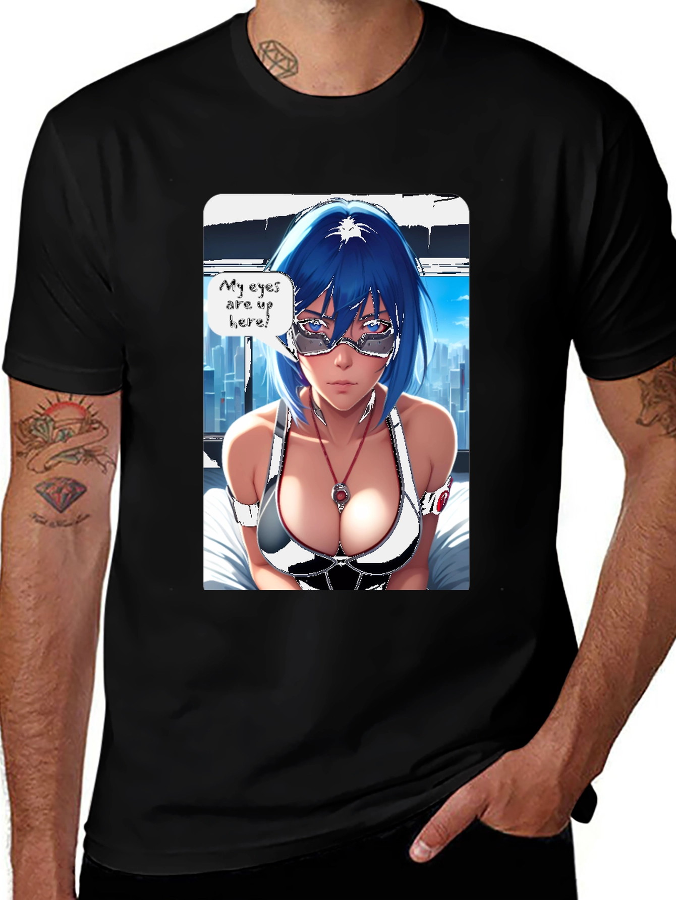Anime Girl Eyes Up Here Graphic Tee - Black