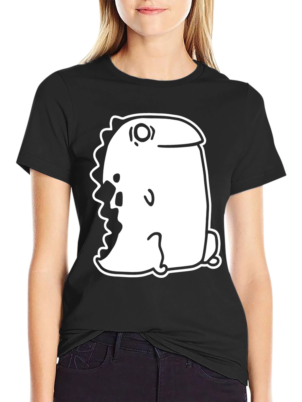 Black T-Shirt with Quirky Cartoon Dinosaur Graphic