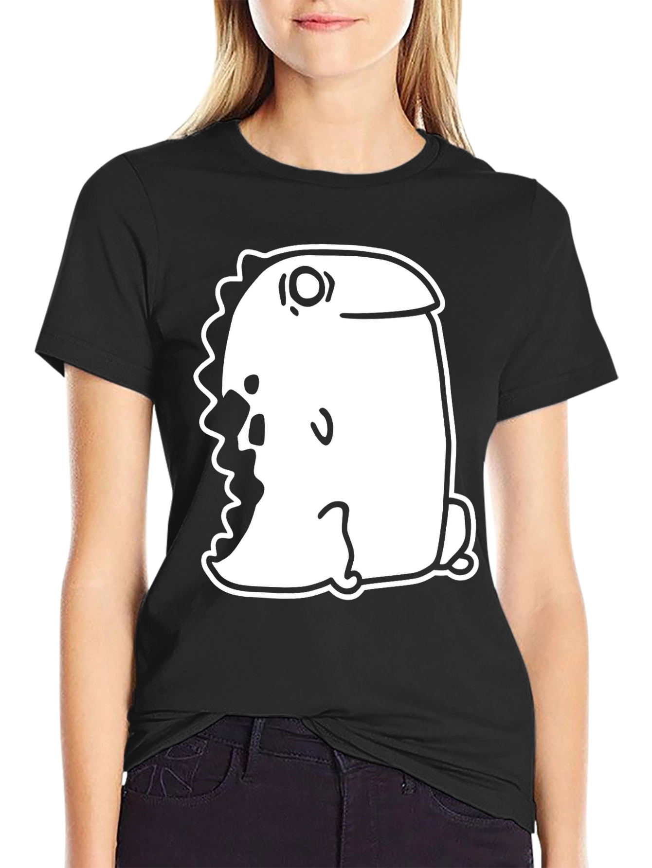 Black T-Shirt with Quirky Cartoon Dinosaur Graphic