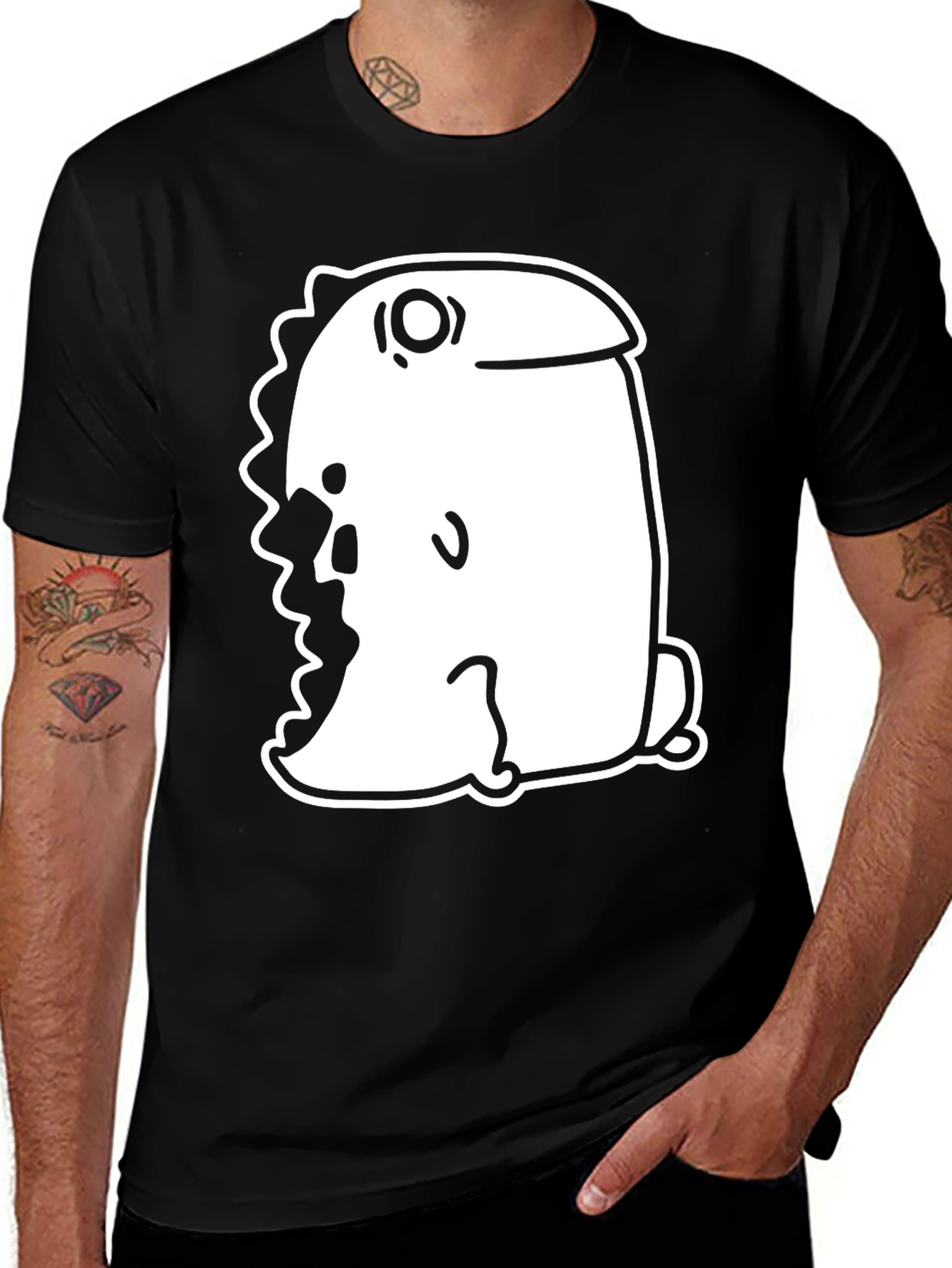 Black T-Shirt with Quirky Cartoon Dinosaur Graphic