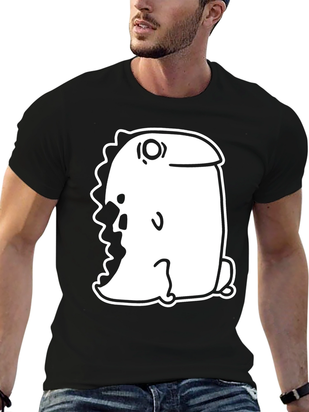 Black T-Shirt with Quirky Cartoon Dinosaur Graphic