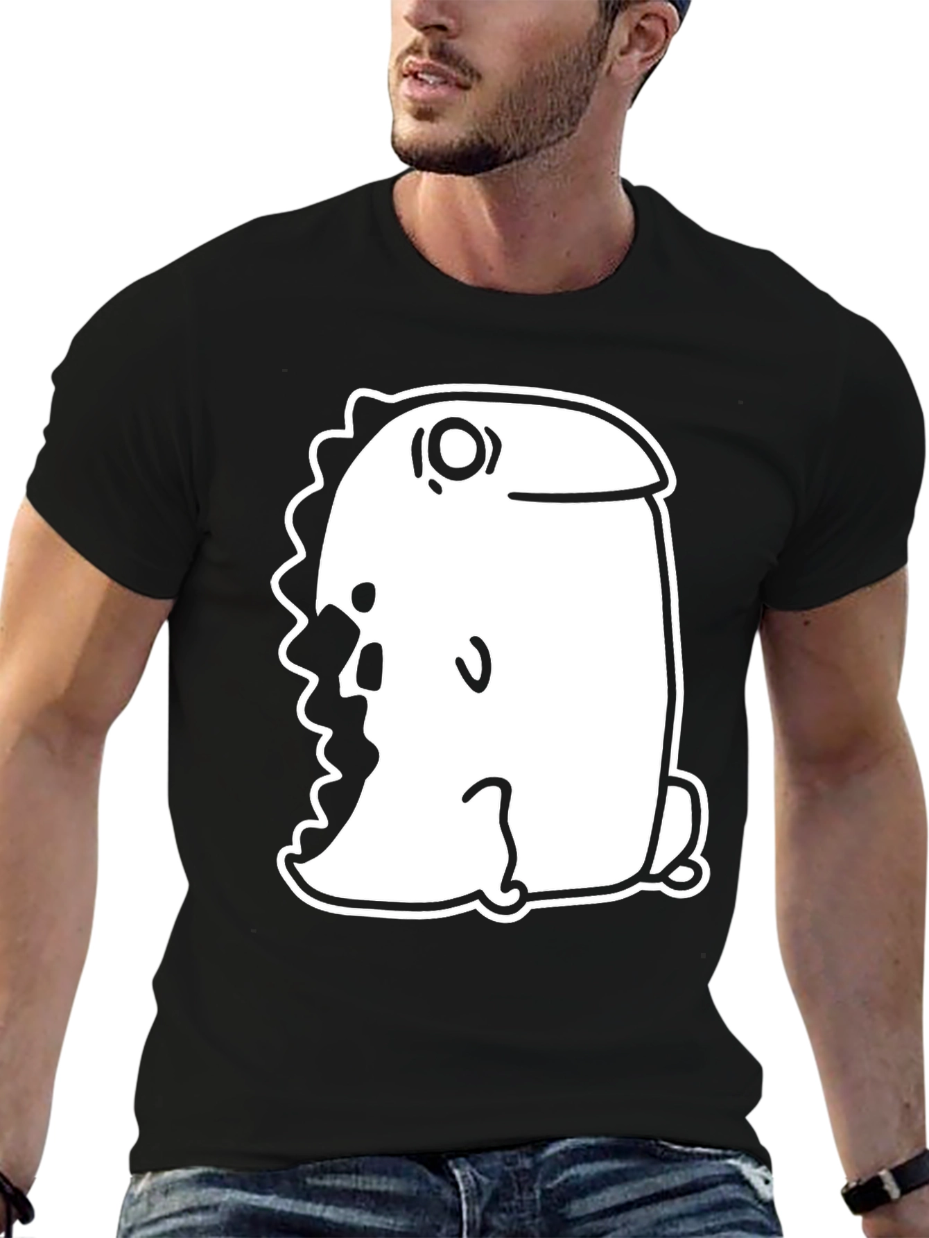 Black T-Shirt with Quirky Cartoon Dinosaur Graphic