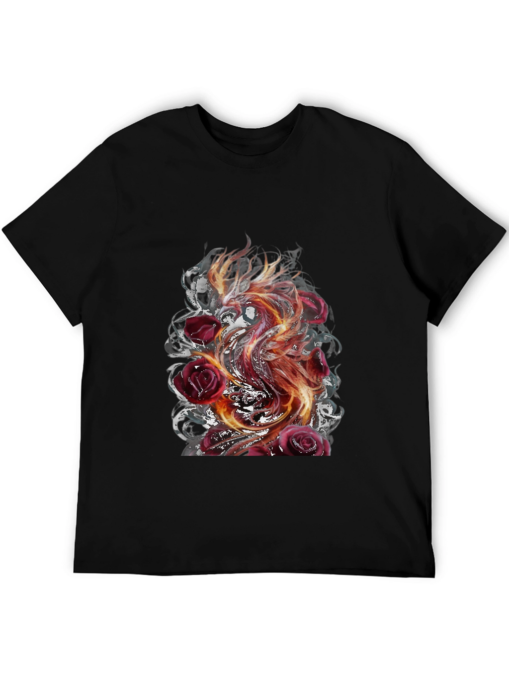 Fiery Phoenix & Roses Graphic T-Shirt