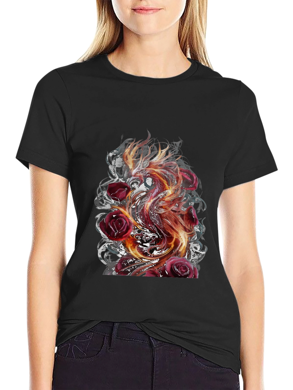 Fiery Phoenix & Roses Graphic T-Shirt