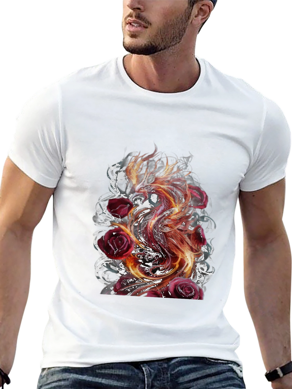 Fiery Phoenix & Roses Graphic T-Shirt