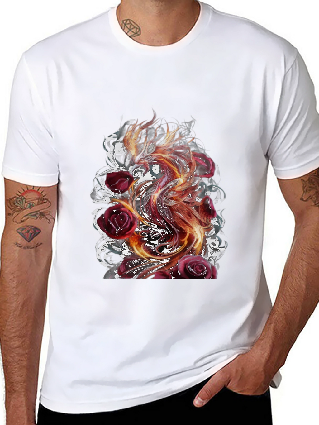 Fiery Phoenix & Roses Graphic T-Shirt