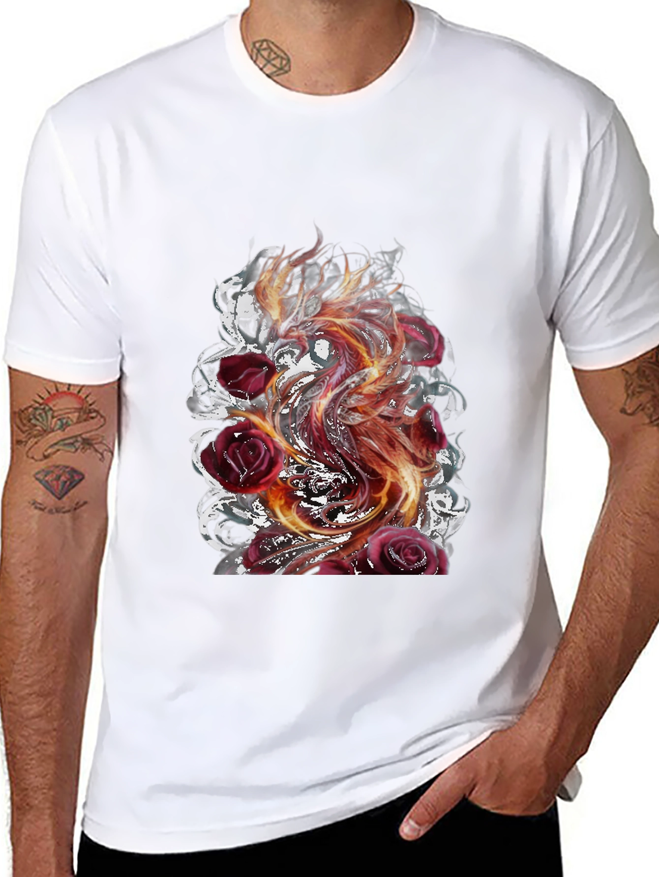 Fiery Phoenix & Roses Graphic T-Shirt