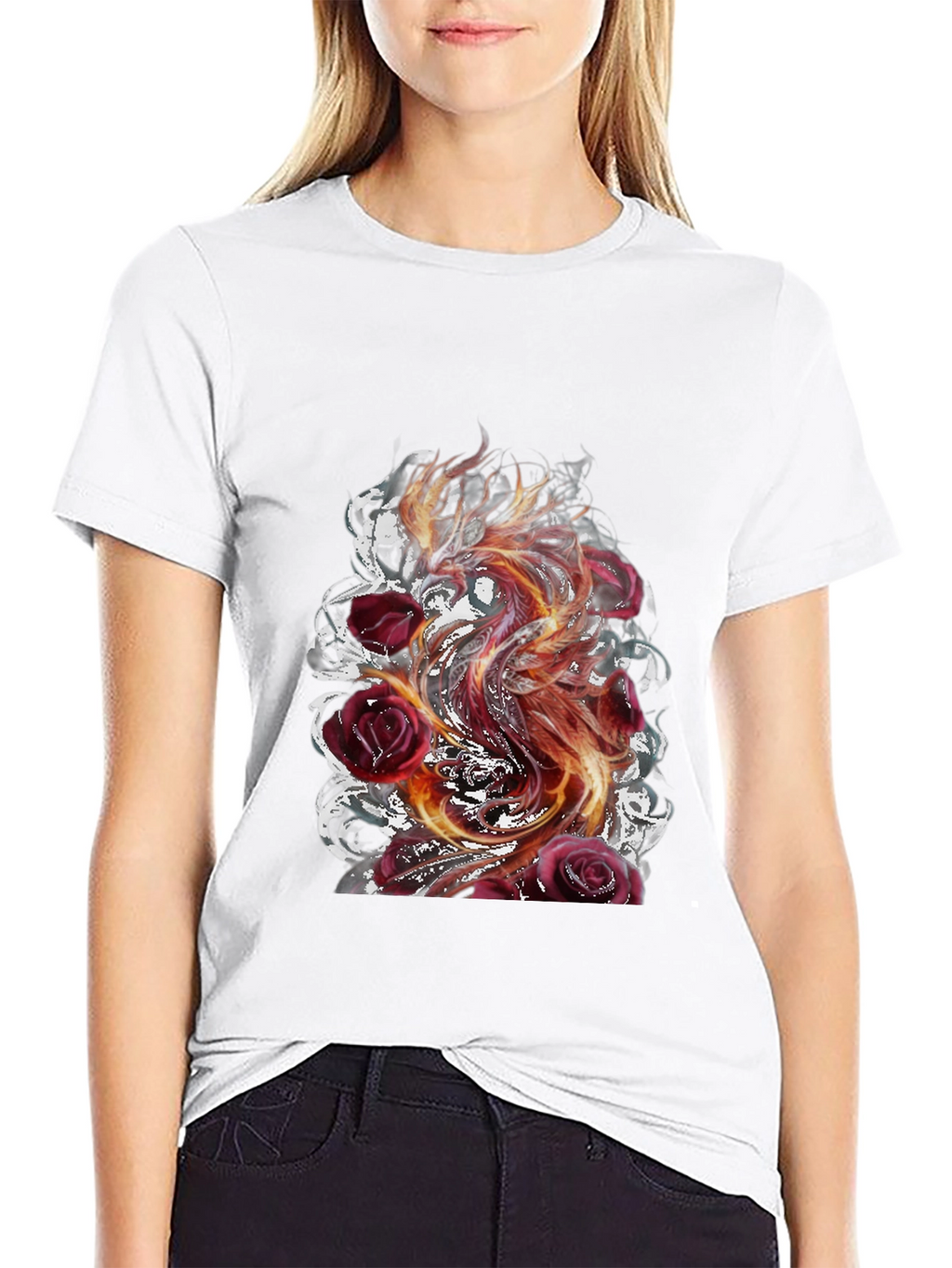 Fiery Phoenix & Roses Graphic T-Shirt