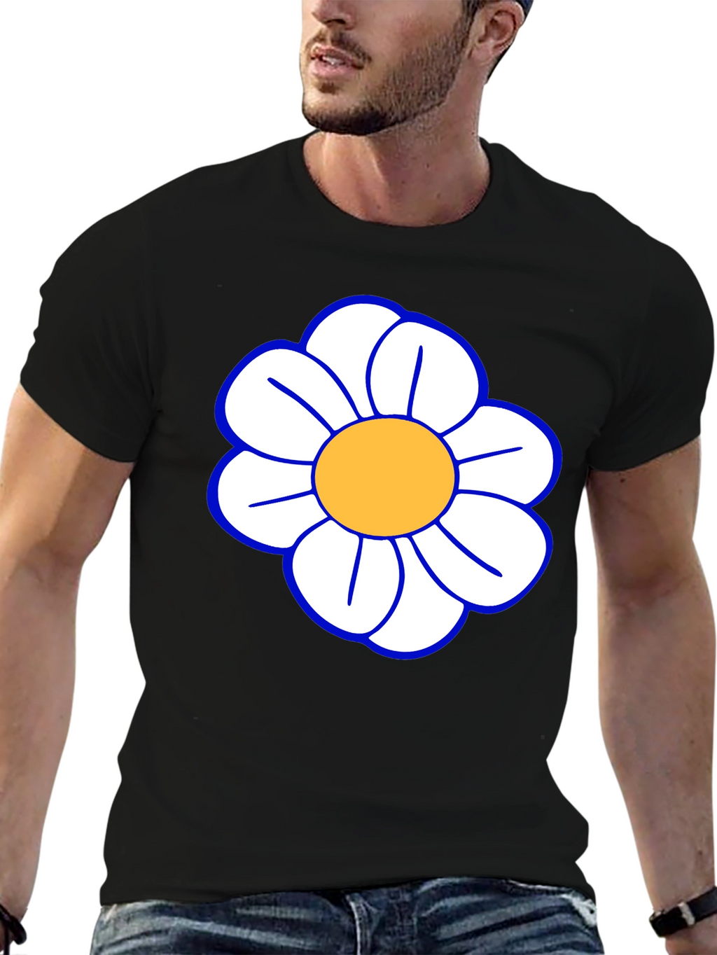 Daisy Flower T-Shirt - Black Cotton Casual Tee
