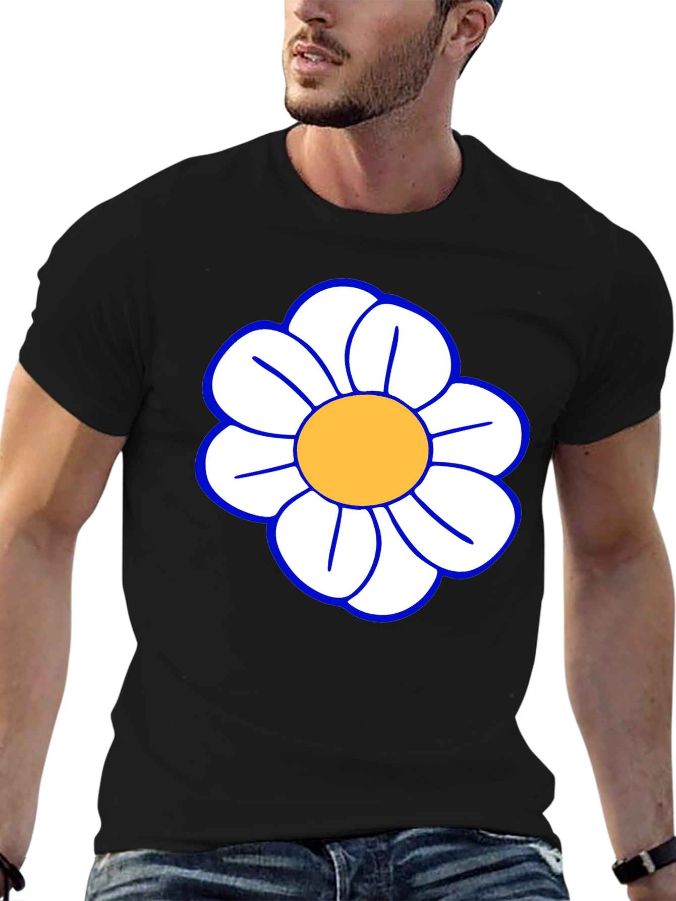Daisy Flower T-Shirt - Black Cotton Casual Tee
